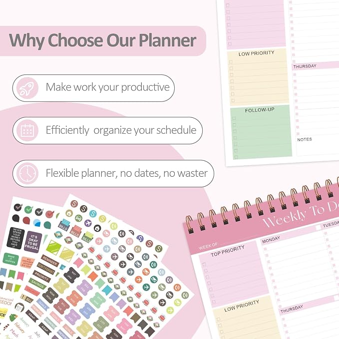 Weekly To Do List Notepad, 52 Sheets Undated Weekly Planner, 8.5"x11" Letter Size Horizontal Desk Pad with 100GSM Thick Paper, Twin-Wire Spiral Bound Tear Off Lined Organizer for Office Work, School & Home