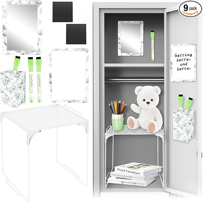 Denylo pro Magnetic Locker Accessories Kit Green Leaves Back to School Essentials Locker Organizer Supplies Include Mirror Whiteboard Pen Shelf Pencil Case Magnet Back to School Essentials