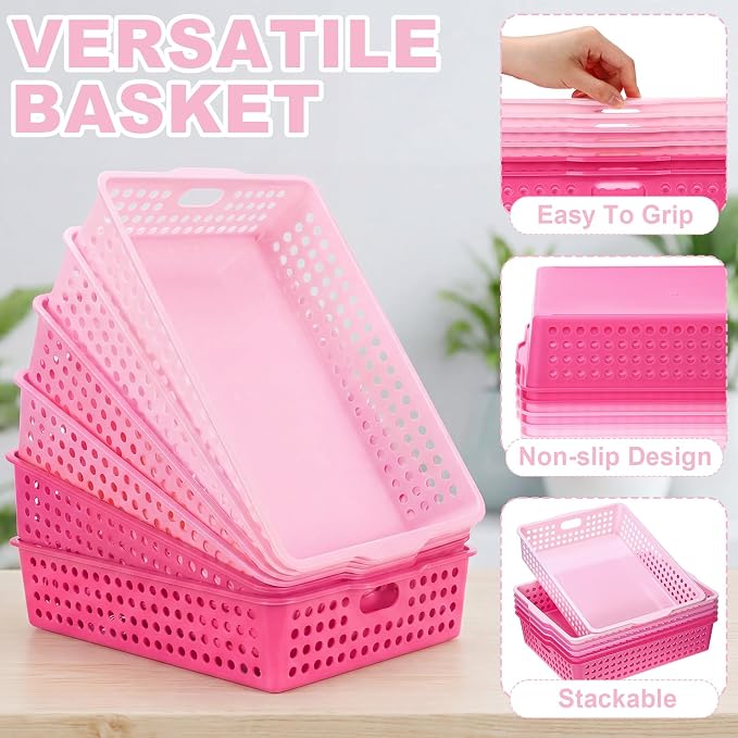 Pink 6 Pack Plastic Classroom Paper Baskets, Turn in Trays, Organizing Desk Tray for A4 Papers, Classroom Storage Turn in Bins, for Teachers and Students, Office Desk Room Trays