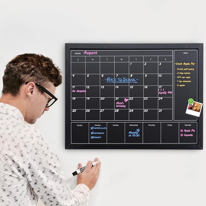 3-in-1 Chalkboard Calendar for Wall, Magnetic Monthly & Weekly Calendar, 22.8x16.9 inches Blackboard for Wall with Black Wood Frame, Hanging Chalkboard for Decor/Memo(YL+ZL-HB-BK,4358)