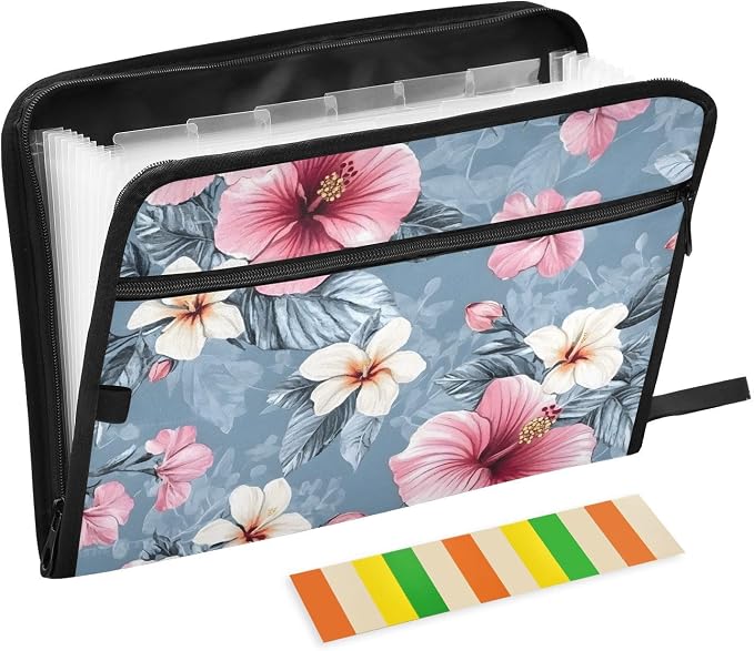 Expanding File Folder Pink Hibiscus Flower Accordion File Organizer 13 Pockets Document Organizer with Zipper Labels A4 Letter Office Storage