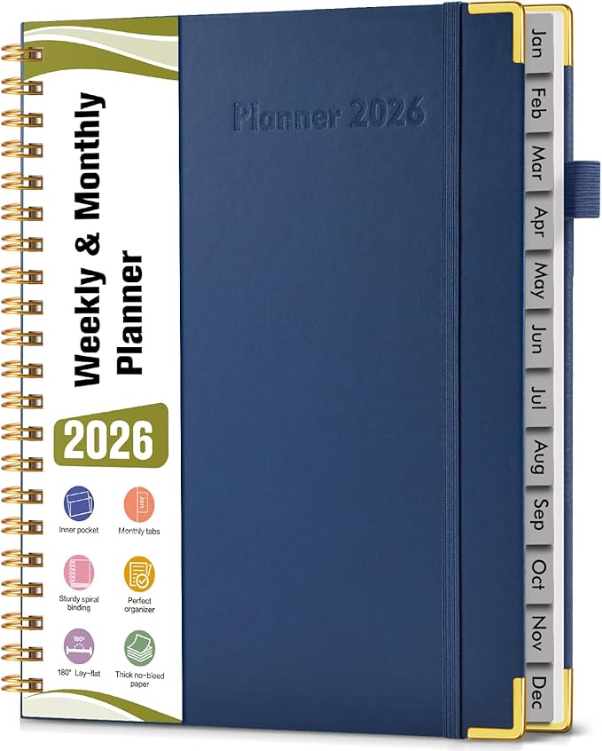 2026 Planner, Hardcover Leather Weekly and Monthly Planner, January 2026 - December 2026, Spiral Yearly Agenda Organizer Book 2026 with Tabs, Daily Calendar Planners for School Work Home, A4 (8.5" x 11"), Navy