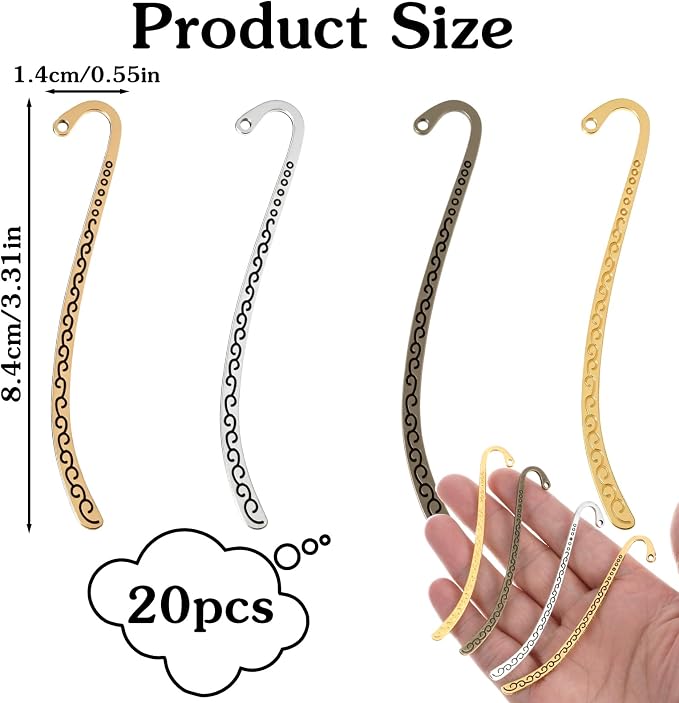 20 Pack Beadable Bookmarks, Metal Bookmarks, Carved Hook Bookmark with Hole for Beading, Tassel, DIY Decoration, Hairpin Hook, Bookmark Charms