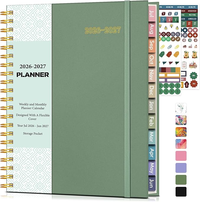 Academic Planner 2026-2027, Weekly and Monthly Calendar Planner from July 2026 - June 2027, 8.5" x 11" A4 Large Daily Agenda Book with Tabs, Flexible Cover, College School Organizer for Student Teacher,Green