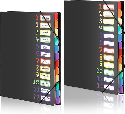 2 Pack Expanding File Folder with 12 Pockets: A4 Accordion Document Organizer with Elastic Closure & Rainbow Tabs, Portable PP Plastic File Holder for Office, School, Home