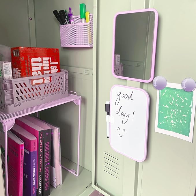 Svartur Locker Accessories with Locker Shelf, Magnetic Mirror, Magnetic Pen Holder, Magnetic Small Whiteboard, Back to School Essentials Locker Decorations, 7 Piece Locker Organizer for Work, Purple