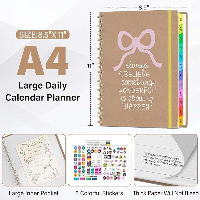 Planner 2026-2027, A4 Hardcover Weekly and Monthly Calendar Planner from July 2026 - June 2027, 8.5" x 11" Daily Agenda with Monthly Tabs, Spiral Bound, Inner Pocket, Cute Journal Organizer Notebook for Office School-Pink Bow