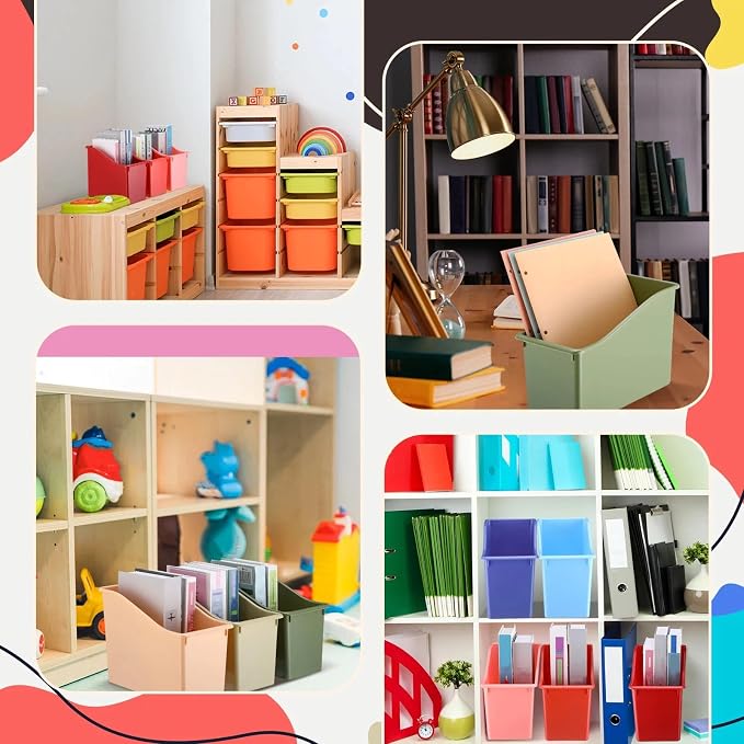 Teling 24 Pcs Plastic Book Bins Bulk for Classroom Interlocking Magazine Holder Organizer Folder Binder Storage Container Box with Name Labels for School Office Home Supply (Retro Earth Tone)