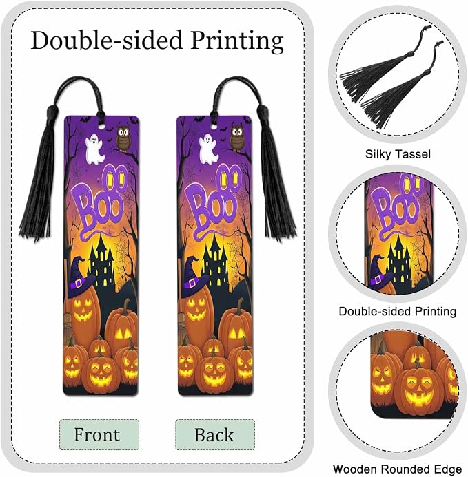 Halloween Bookmarks 5 Pcs with Tassels Pumpkin Bats Dark Night Wooden Bookmarks for Reading Women Students Teacher Reader