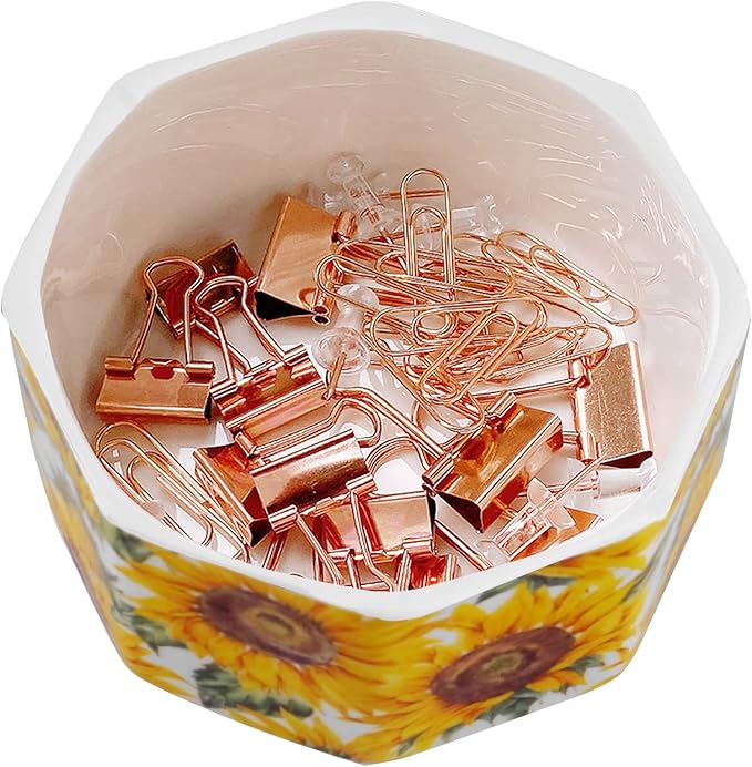 Ceramic Paper Clip Holder Gold Line Paper Clip Dispenser Organizer for Desk Cute Floral Flower Pattern Office Binder Clip Holder Bobby Pin and Hair Clip Holder Gift for Office Sunflowers