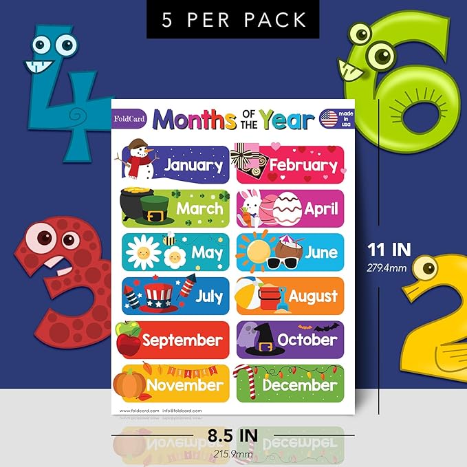 12 Months of the Year Chart for Preschool to Grade 1 Kids – Colorful Educational Visual/Learning Aid Poster Decoration for Classroom or Home | Glossy Durable Cardstock | 8.5" x 11" | 5 per Pack