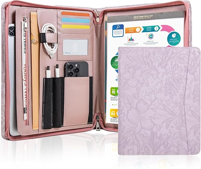 Embossed PU Leather Portfolio for Women,Professional Organize 3-Ring Padfolio with A4 Notepad Holder,Professional Business Document Organizer for Women (Purple)