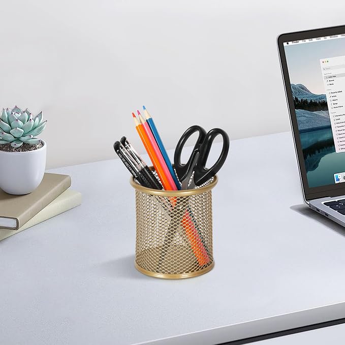EasyPAG Pencil Holder for Desk, 2 Pack Metal Pen Organizer, Mesh Pencil Cup Organizer for Home, Office, Classroom, School,Gold