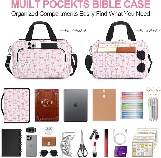 Pink Bow Bible Cover Case for Women Girls Cute Large Bible Bag with Handle Shoulder Strap Book Carrying Bags with Tabs 5 Pens 12 Highlighters Christian Church Study Supplies Accessories Gifts