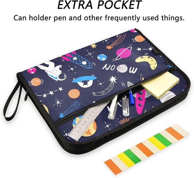 Space Rocket Astronaut Planet File Folders,Plastic Folders with 13 Pockets,Expandable File Folder for Documents School Students Office,Aesthetic Folder with Labels A4 Letter Size