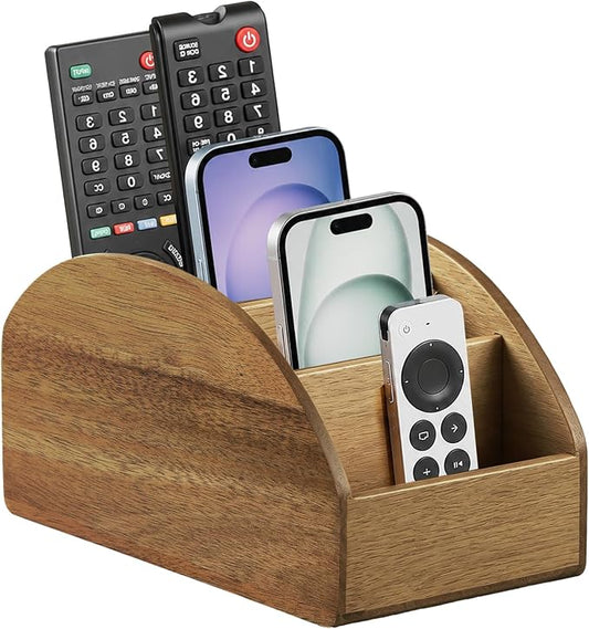 BIBELUN Large TV Remote Control Holder, Rustic Wood Nightstand Remote Caddy with 5 Compartments, Entryway Table Storage Box Organizer for Phones, Controllers, Media Player, Office Supplies, Home Décor