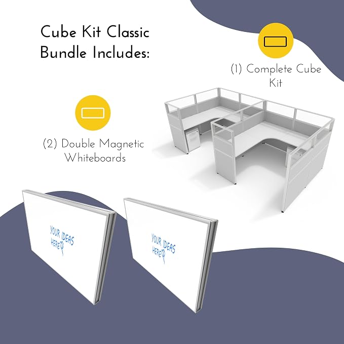 SUNLINE Office Cubicle - Modular Office Cubicle System with 7 Layout Options, Adjustable Panels, Wall Partitions, Drawers and 2 Magnetic Whiteboards, Customizable U and L Shaped Desk - Light Grey