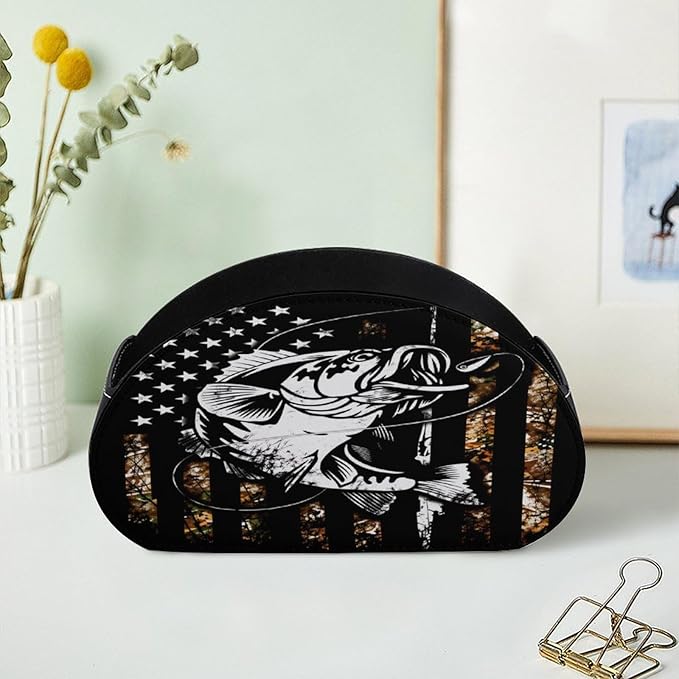 Camo Bass Fishing Remote Control Holder with 5 Compartment PU Leather Multi Functional Desk Storage for TV Remotes Office Supplies