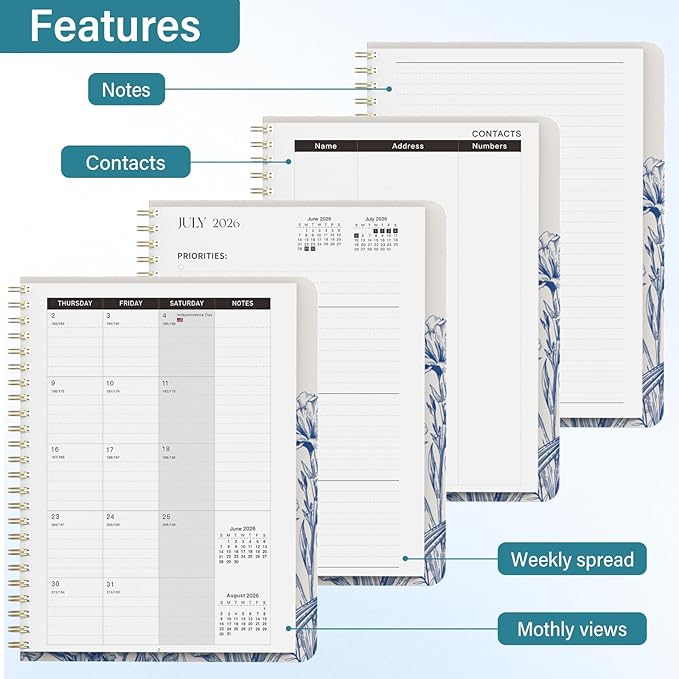 2026 Planner, Weekly and Monthly Calendar Planner for Women, 6.3" x 8.5", Jul 2026 - Jul 2027, Hardcover Planning Agenda book with Tabs, Spiral Bound, Inner Pocket, for School Office Supplies(Blue Florals)