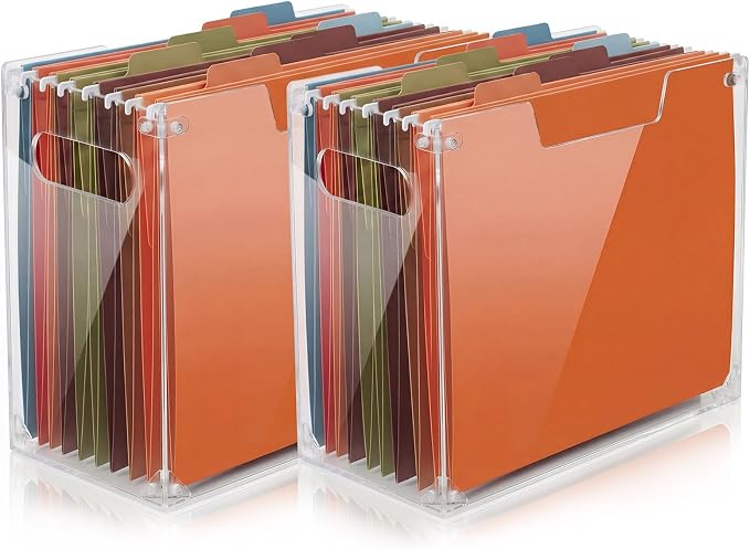 Novabright 2 Pack Acrylic File Organizer Box with Handles, Clear Hanging File Organizer for Letter Size/a4 Filing Crate Bin Holder for Desk, Office, Home, School (Letter,12.2" L x 5.51" W x 9.84" H)