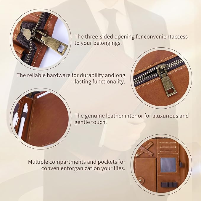 Genuine Leather Professioal Business Portfolio Padfolio Folder with Zipper, Conference Meeting Executive File Legal Document Organizer for Men, Work Portfolio for Meeting and Travel—Brown