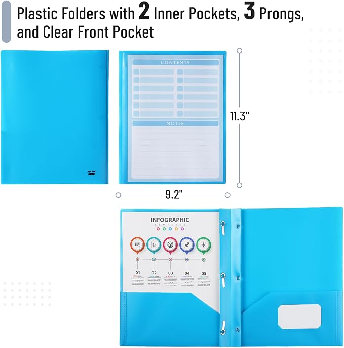 Mr. Pen- Plastic Folders with Pockets and Prongs, 36 Pack, Letter Size, Blue, Flexible Plastic Folders with Prongs, Clear Front Pocket and Card Slot