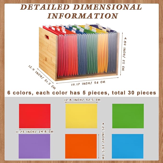 Chiisong Clear Acrylic File Box Hanging File Organizer with 30 Pcs Hanging File Folders Bamboo Hanging Folder Storage Filing Crate Bin Holder with Handle for Home Office Desk Letter Size