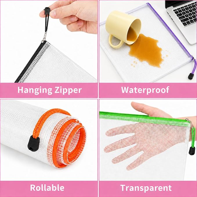 EVERECO 30pcs Mesh Zipper Pouch Bags, Letter Size A4 Mesh Bags with Zipper, Plastic Zipper Pouches for Classroom Office Supplies, Travel, Board Game Storage & Puzzle Storage