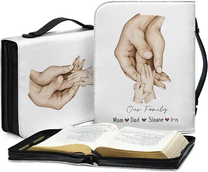 Personalized Bible Cover with Family Hands, Custom Bible Cover Case for Women Girls, Large Capacity Scripture Bag with Handle