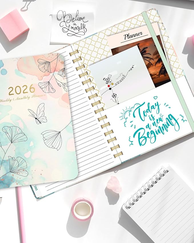 2026 Weekly and Monthly Planner - 2026 Hardcover Calendar Planner, Jan. 2026 - Dec. 2026, Daily Agenda Book with Tabs, Twin-Wire Binding, Back Pocket, School Teacher Student Supplies, A5(6.3" x 8.5") (Butterfly)