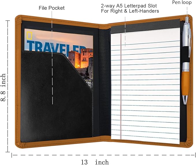 Classic Padfolio/Junior Portfolio Folder Case, Business A5 Binder Organizer Notepad for Men Women, 5 x 8 Writing Pad Included, Brown.