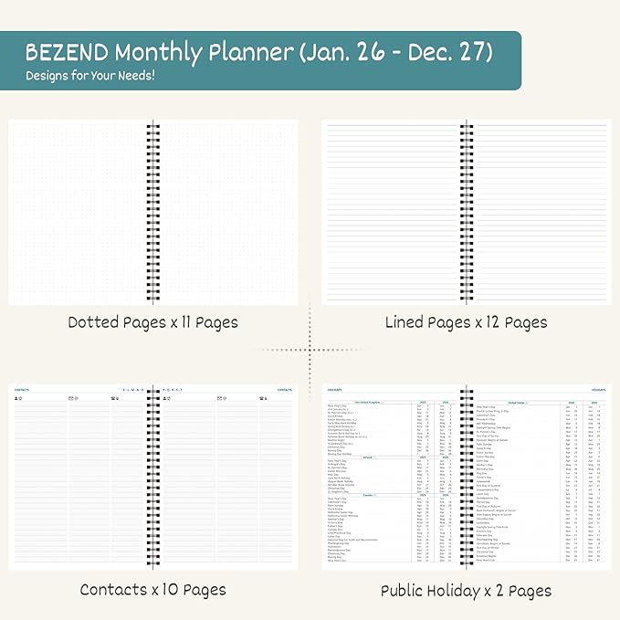 BEZEND Monthly Planner 2026-2027 (Spiral-8.5" x 11") 2 Year Calendar Book with Note Pages - Jan 26 to Dec 27-120 GSM Paper, Inner Pockets, Laminated Tabs, Vegan Leather Softcover - Kiwi
