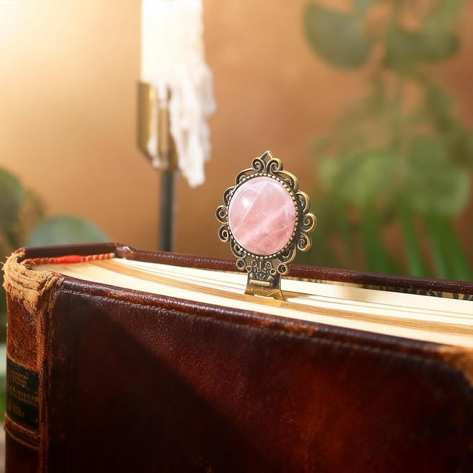 Vintage Rose Quartz Bookmark with Natural Crystal Stone - Fantasy Brass Metal Bookmarks for Reading Women, Men, Book Lovers, Girls and Teachers Book Marks(Rose Quartz)