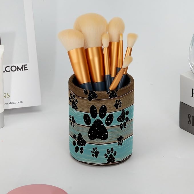 Teal Brown Wood Grain Galaxy Paws Pen Holder Pencil Organizer Cute Pencil Cup Desk Decor Makeup Brush Holder PU Multifunctional Office Supplies for Home Classroom School