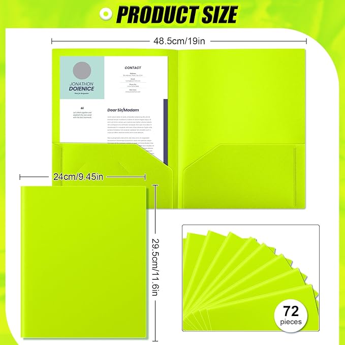Gueevin 72 Pack Plastic Folder with Pockets, 2 Pocket Folders, Plastic Glossy Folders Fit Letter Size Paper, Heavy Duty Durable File Folder with Business Card for Home Office School (Lime Green)