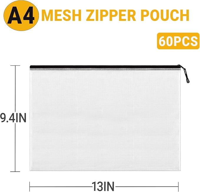 Mesh Zipper Pouch Bags, A4 Letter Size, 60 Pack Waterproof Document Mesh Bags, Zipper Bags for Organizing Office School Supplies, Toys, Cosmetics Travel Storage(Black 13.5×9.5 Inch)