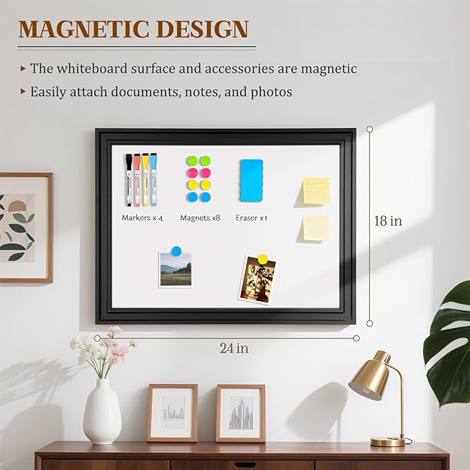 White Board for Wall, 24''x18'' Magnetic Dry Erase Board, Decorative Whiteboard with Black Wooden Frame, Hanging Writing Board for Home Office School Dorm