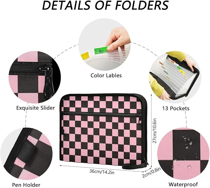 Black Pink Checkerboard Accordion File Organizer Expanding Document Folder with 13 Pockets Portable File Folder for A4 Letter Size