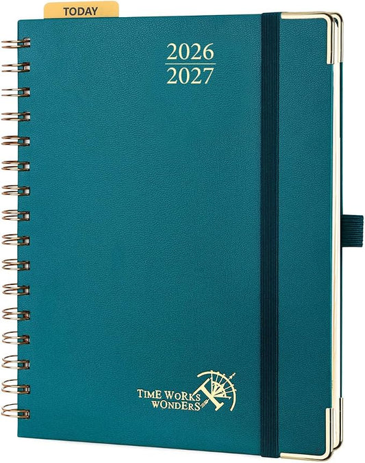 POPRUN 2026-2027 Academic Year Weekly and Monthly Planner Calendar,Jul 2026 - Jun 2027，6.25" x 8.5",Daily Agenda Book & Appointment Book with Hourly Schedule, Tabs, Hardcover, School and Office Supplies - Pacific Green