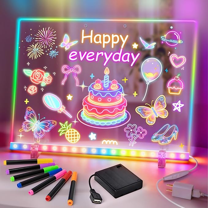 17" Led Drawing Board for Kids, Rechargeable Light Up Drawing Board with 7 Colors & 4 Modes, Portable Acrylic Dry Erase Board Gifts for Kids Girls Boys for Birthday Christmas