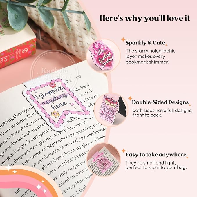 Kaciola Studio 12PCS Glittery Magnetic Bookmarks, Funny Cute Book Marks for Book Lovers Gifts, Bookmark Accessories for Women Teachers Students School Office Home Supplies (Funny)
