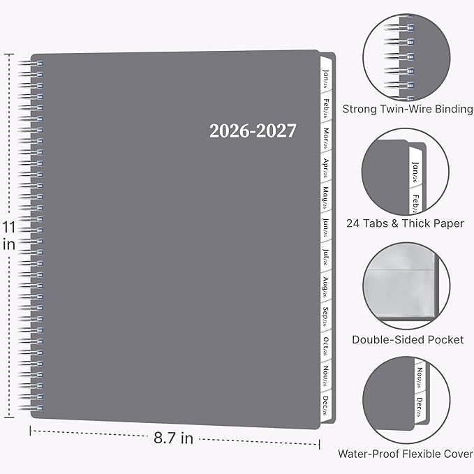 2026-2027 Monthly Planner, 2 Year Calendar Planner, Jan 2026 - Dec 2027, 8.5’’ x 11’’, Large Spiral Agenda, 24 Months, with Tabs ＆Pocket, Flexible Cover, Organizer for Office Home School, Grey