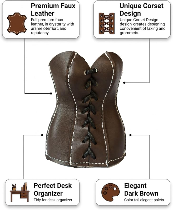 Faux Leather Lace-Up Corset Pencil Holder – Gothic Y2K Desk Pen Cup Makeup Brush Organizer Mini Storage for Home Office, Deep Brown