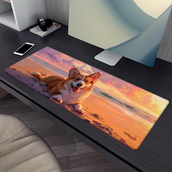Cute Dog Mouse Pad，Beach Corgi Gaming Keyboard Mat，Laptop Computer Protector with Non-Slip Rubber Base，Large Extended MousePads Gifts for Desk Office Home，Deskmat Decor 31.5" x 11.8"