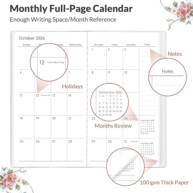 Phyxin 2026 Pocket Calendar, Two Year Pocket Planner - Runs From Sep 2025 Until Dec 2027, Small Planner - 6.7" x 3.7", Small Calendar for Women, Students, Black Flowers
