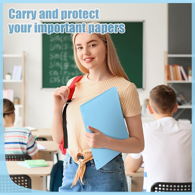 Yeaqee 100 Pcs Plastic Folders with Pockets Bulk 3 Hole Punched 2 Pocket File Folders for 3 Ring Binder Divider Folder for Notebooks, Durable Poly for Office Home (Light Blue)