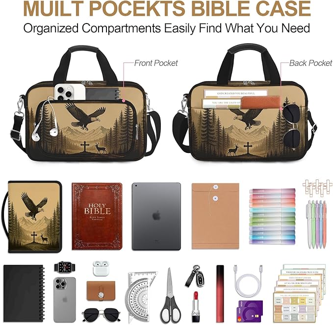 Eagle Large Bible Bag with Bible Cover Case for Men Women, Church Bag Book Carrying Case w/Shoulder Strap Handle Zipper Pocket, Bible Study Supplies Journaling Kit Accessories Christian Gift