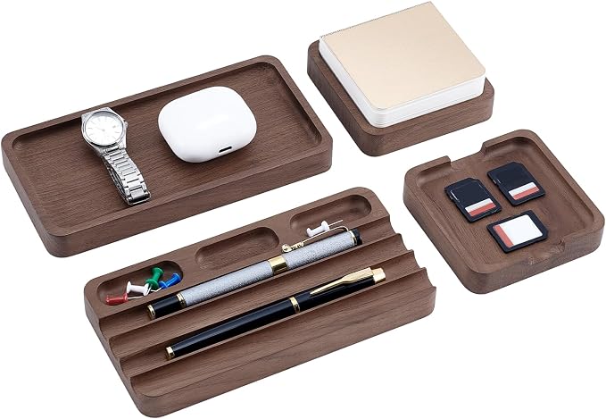 4Pcs Wooden Desk Organizer Tray with Pen Holder, Men Valet Tray | Walnut Wood Pencil Holder Minimalist Desk Accessories, Office Supplies, Stationery Pen Key Wallet Catchall Trays