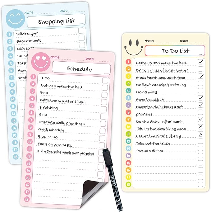 JJPRO Magnetic Multi-Functional to Do List for Fridge - 10" x5.5“ Home Checklist for Kids and Teens,Daily Checklist for Toddlers,Magnetic to Do List for Refrigerator-Blue,Pink&Yellow