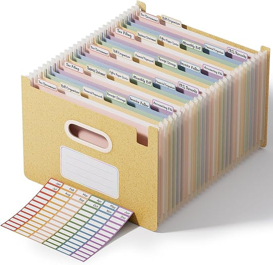 ThinkTex 26-Pocket Accordion File Organizer, Upright Open Top, Monthly Tabs, High Capacity Wheat Straw Expanding File Folder, Fits Letter A4 & Manila Folders for School Home Office- Wheat Yellow